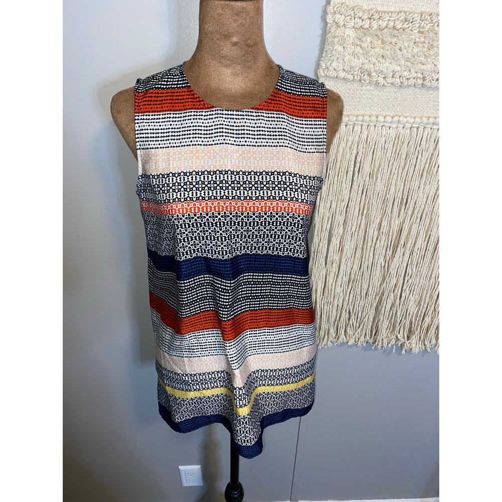 Vince Camuto Womens XS Sleeveless Multicolor Geometric Stripe Blouse Split Hem - Picture 3 of 9